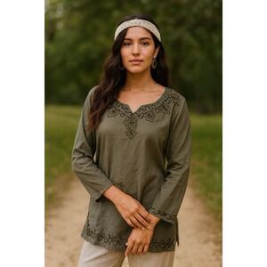 Kaaku Women's Blouse Tunic Free Size Embroidered Sequin Green Long Sleeve V-Neck